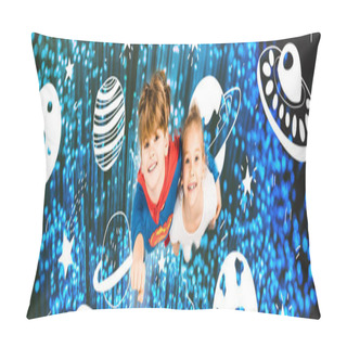 Personality  Panoramic Shot Of Cheerful Kids Flying Is Blue Space On White  Pillow Covers