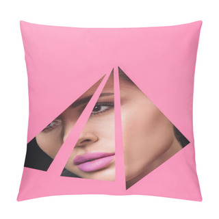 Personality  Woman With Pink Lips Looking Across Triangular Holes In Paper Pillow Covers