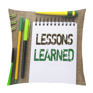 Personality  Word Writing Text Lessons Learned. Business Concept For Experiences That Should Be Taken Into Account In The Future Written On Notebook Book On The Jute Background Pens And Clips Next To It. Pillow Covers