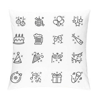 Personality  Christmas, New Year , Happy Celebration, Party Thin Line Icons Set, Such As Music, Gift, Firework, Confetti, Food And Wine. Isolated Vector Illustration Pillow Covers