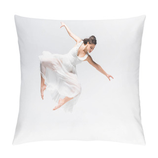 Personality  Beautiful Ballerina In White Dress Jumping In Dance On Grey Background Pillow Covers