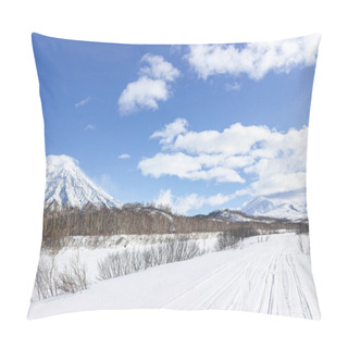 Personality  Russia, Kamchatka Volcanoes Natural Park. A Snow-covered Road Along A Frozen Riverbed In The Direction Of An Icy Volcano. Winter Hiking To The Avachinsky Pass. August 20 Is The Day Of The Volcano In Kamchatka Pillow Covers