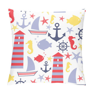 Personality  Seamless Sea Pattern: Sailboat, Lighthouse, Fish, Anchor, Seahorse Pillow Covers