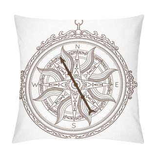 Personality  Vintage Compass On White Background. Isolated Element In Line Art Style. Hand Drawn Vector Illustration. Pillow Covers