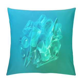 Personality  Top View Of Pile Of Crumpled Plastic Bags, Cups, Straws And Forks With Copy Space In Blue Light Pillow Covers
