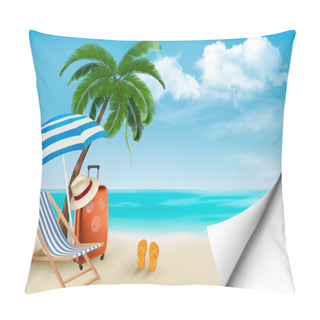 Personality  Beach With Palm Trees And Beach Chair. Summer Vacation Concept B Pillow Covers