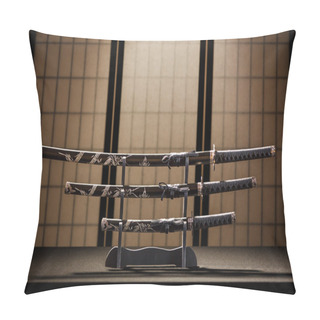 Personality  Katana, Wakizashi And Tanto On Stand In A Room Pillow Covers