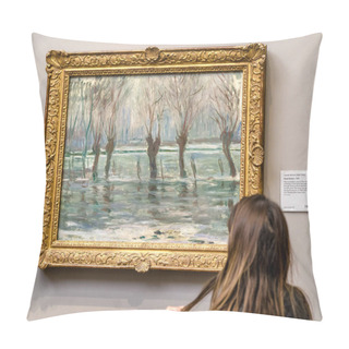 Personality  Visitor Looking At Painting Of Claude Monet In National Gallery  Pillow Covers