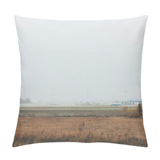 Personality  Plane On Runway In Field With Cloudy Sky At Background Pillow Covers