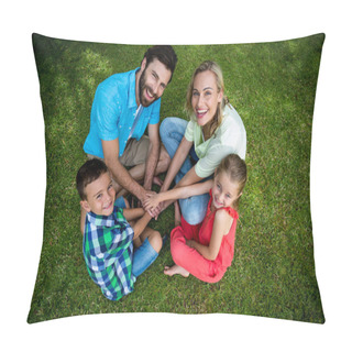 Personality  Family Huddling Hands While Sitting On Grass Pillow Covers