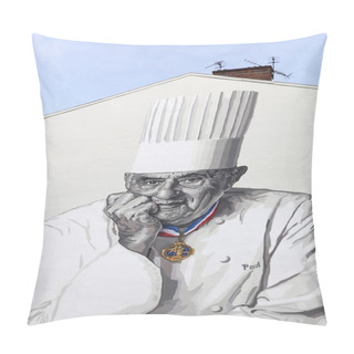 Personality  Facade In Lyon With Paul Bocuse Portrait, France Pillow Covers