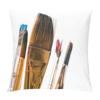 Personality  Close Up Of Paintbrushes With Paint Isolated On White  Pillow Covers