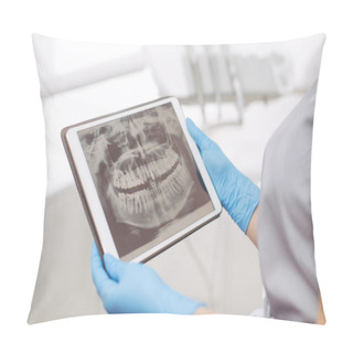 Personality  Dentist Doctor Using Digital Tablet Against Dental Equipment. Pillow Covers
