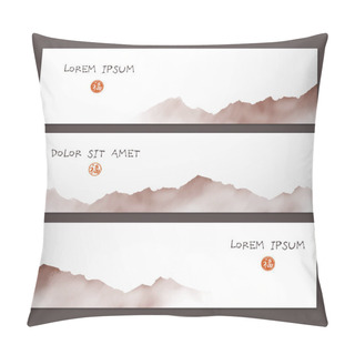 Personality  Three Banners With Misty Mountains Hand Drawn With Ink In Simple Minimalist Style. Traditional Oriental Ink Painting Sumi-e, U-sin, Go-hua. Hieroglyph - Well-being Pillow Covers
