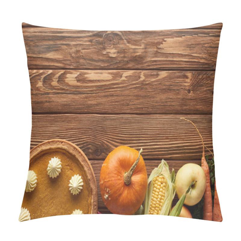 Personality  Top View Of Checkered Tablecloth With Autumn Fruit, Vegetables And Pumpkin Pie On Wooden Surface With Copy Space Pillow Covers