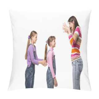 Personality  Mom Scares Her Two Daughters, Isolated On White Background Pillow Covers