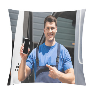 Personality  Loader Pointing With Finger At Smartphone With Blank Screen Near Truck Outdoors  Pillow Covers