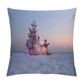 Personality  Winter Scenery Far In Snow. Snow Fell And Holidays Soon. Funny Snowmen Make People Happy Outdoors. Evening Joys Of Winter Pillow Covers