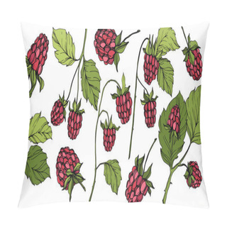 Personality  Vector Raspberry Healthy Food Isolated. Red And Green Engraved Ink Art. Isolated Berries Illustration Element. Pillow Covers