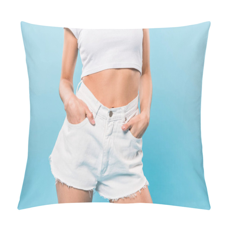 Personality  Cropped View Of Slim Sexy Girl In Shorts With Hands In Pockets On Blue Background Pillow Covers