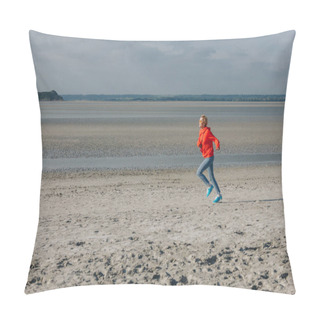Personality  Stylish Young Woman Running On Sandy Beach, Saint Michaels Mount, France Pillow Covers