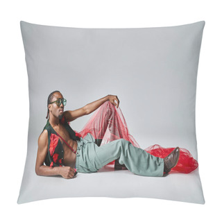 Personality  Charming African American Man In Fashionable Attire With Red Tulle Fabric Reclining On Floor Pillow Covers