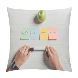 Personality  Cropped View Of Translator With Apple And Note Stickers Holding Marker  Pillow Covers