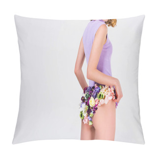 Personality  Cropped Shot Of Beautiful Tender Woman In Panties Made Of Flowers Standing Isolated On Grey Pillow Covers