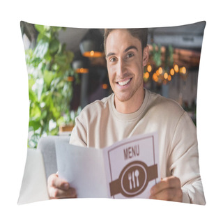 Personality  Selective Focus Of Positive Man Holding Menu In Restaurant  Pillow Covers