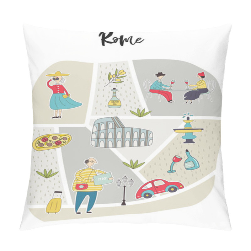 Personality  Illustrated Map of Rome with cute and fun hand drawn characters, plants and elements. Color vector illustration pillow covers