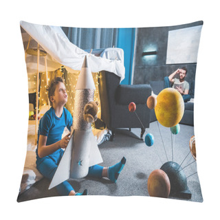 Personality Boy Playing With Toy Rocket  Pillow Covers