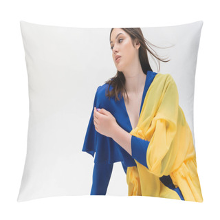 Personality  Patriotic Ukrainian Young Woman In Blue And Yellow Outfit Posing Isolated On Grey Pillow Covers