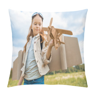 Personality  Red Hair Kid In Pilot Costume Holding Wooden Plane In Summer Field Pillow Covers
