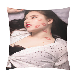 Personality  Sexy Brunette Woman With Kisses, Lipstick Marks On Her Face And Neck. Girlfriend, Date, Relashionship.copy Space Pillow Covers