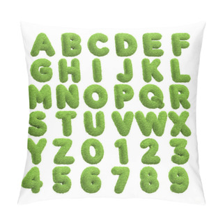 Personality  Complete Set Of Alphabet Letters And Numerals From Zero To Nine With A Lush Green Grass Texture, Isolated On White Background. Eco-friendly Concept. Side View. 3D Render Illustration Pillow Covers