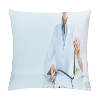 Personality  Panoramic Shot Of Smiling Doctor Holding Stethoscope Near Clipboard Pillow Covers