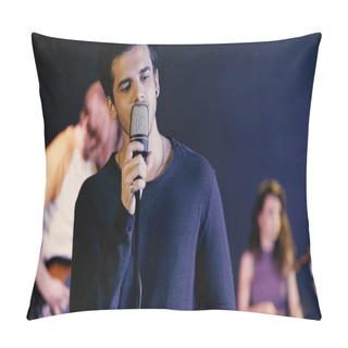 Personality  Young Man Singing Song With Blurred Music Band Pillow Covers