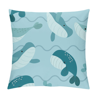 Personality  Seamless Pattern With Cute Whales On A Blue Background With Waves Pillow Covers