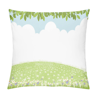 Personality  Spring Background With Rural Grass Field Landscape, Green Leaves Border On Blue Sky Background,Vector Cute Cartoon For Easter With Copy Space Sky And Cloud,Backdrop Banner For Hello Spring, Summer  Pillow Covers