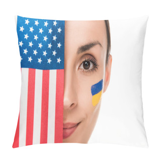 Personality  Smiling Young Woman With Painted Ukrainian Flag On Face Holding American Flag Isolated On White Pillow Covers