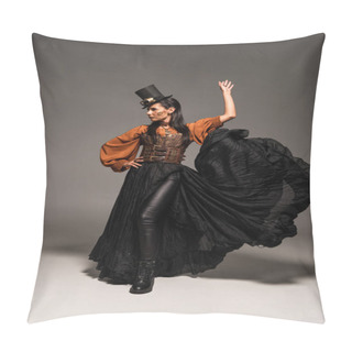 Personality  Full Length View Of Attractive Steampunk Woman In Top Hat With Goggles Standing With Hand On Hip On Grey Pillow Covers