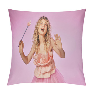 Personality  Blonde Curly Haired Woman With Magic Wand Posing In Pink Tooth Fairy Costume On Pink Backdrop Pillow Covers