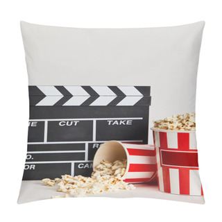 Personality  Delicious Popcorn In Striped Buckets Near Clapper Board Isolated On Grey Pillow Covers