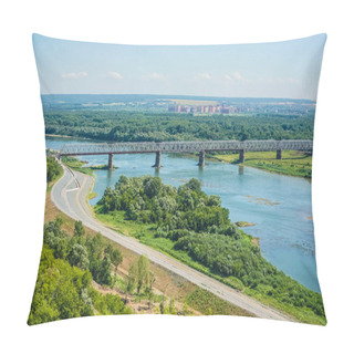 Personality  Beautiful  Scene In Early Morning At New, Modern  Long Iron Bridge Above River. Ufa, Russia. Pillow Covers