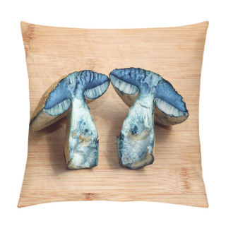 Personality  Two Halves Of The Edible Mushroom Gyroporus Cyanescens, Commonly Known As The Bluing Bolete Or The Cornflower Bolete, Are Lying On A Cutting Board. After Cutting, The Mushroom Turned Blue Very Quickly. The Stem Is Stuffed With A Soft Pith. Pillow Covers