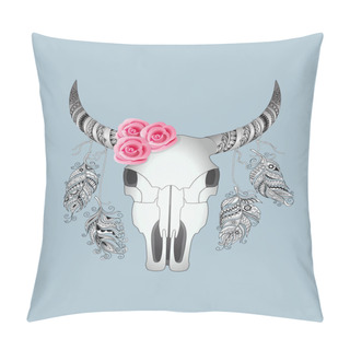 Personality  Cow Skull, Patterned Feathers And Rouses On The Blue Pillow Covers