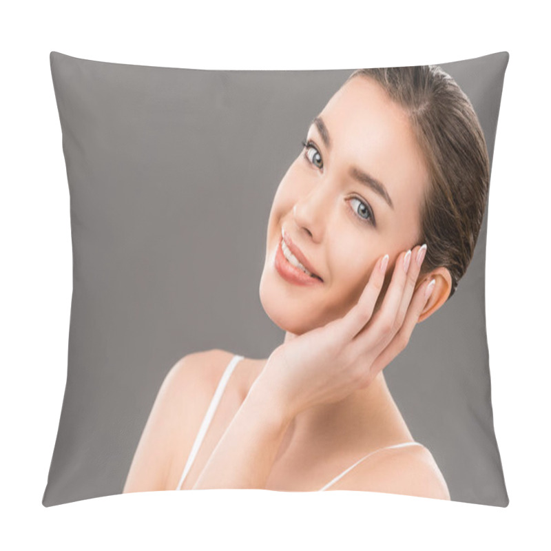 Personality  Beautiful Smiling Young Woman With Perfect Skin, Isolated On Grey Pillow Covers