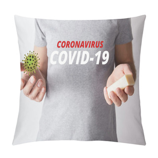 Personality  Partial View Of Man Holding Soap On Grey Background Background, Coronavirus Illustration Pillow Covers