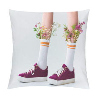 Personality  Close-up Partial View Of Female Legs With Beautiful Flowers In Socks Isolated On Grey Pillow Covers