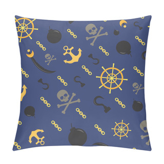 Personality  Seamless Pirate Theme Pattern, Vector Background With Skulls, Anchors, Chains, Bombs And Helms. Contrast Palette Of Deep Blue, Black And Yellow. Diagonally Aligned. Pillow Covers